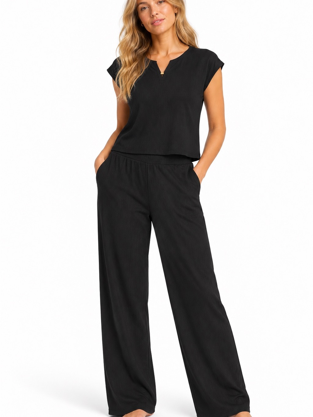 Jones New York Black Wide-Leg Pantsuit with Notch Neck Top